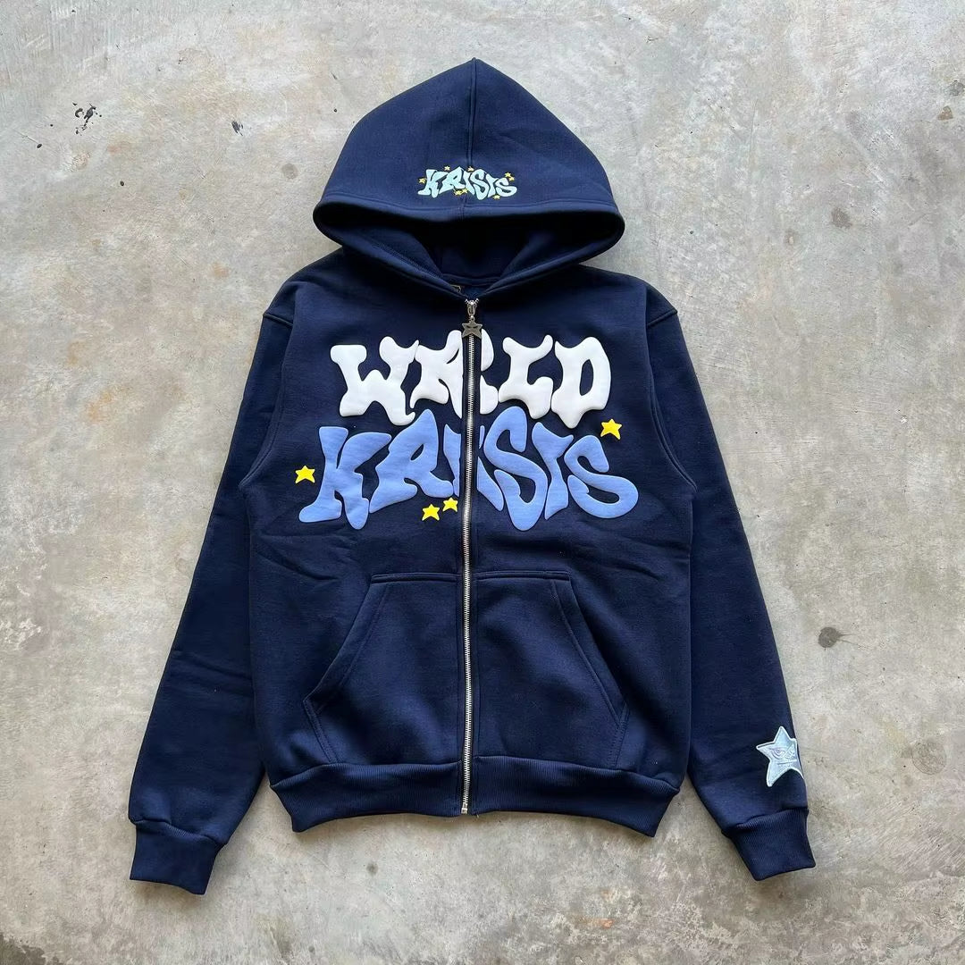 Harajuku Pink Letter Foam Hoodie 2024 European and American Classic Loose Casual Men and Women Y2K Clothes Zip up Hoodie