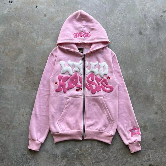 Harajuku Pink Letter Foam Hoodie 2024 European and American Classic Loose Casual Men and Women Y2K Clothes Zip up Hoodie