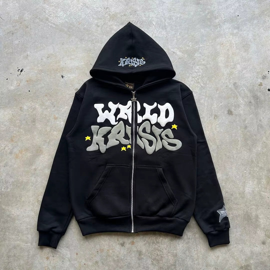 Harajuku Pink Letter Foam Hoodie 2024 European and American Classic Loose Casual Men and Women Y2K Clothes Zip up Hoodie