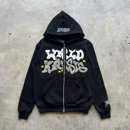 Harajuku Pink Letter Foam Hoodie 2024 European and American Classic Loose Casual Men and Women Y2K Clothes Zip up Hoodie