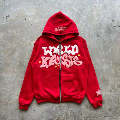 Harajuku Pink Letter Foam Hoodie 2024 European and American Classic Loose Casual Men and Women Y2K Clothes Zip up Hoodie