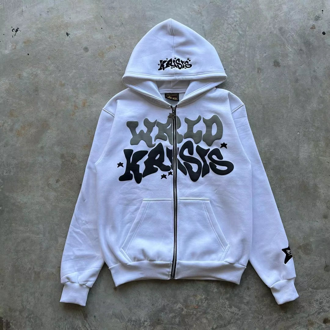 Harajuku Pink Letter Foam Hoodie 2024 European and American Classic Loose Casual Men and Women Y2K Clothes Zip up Hoodie